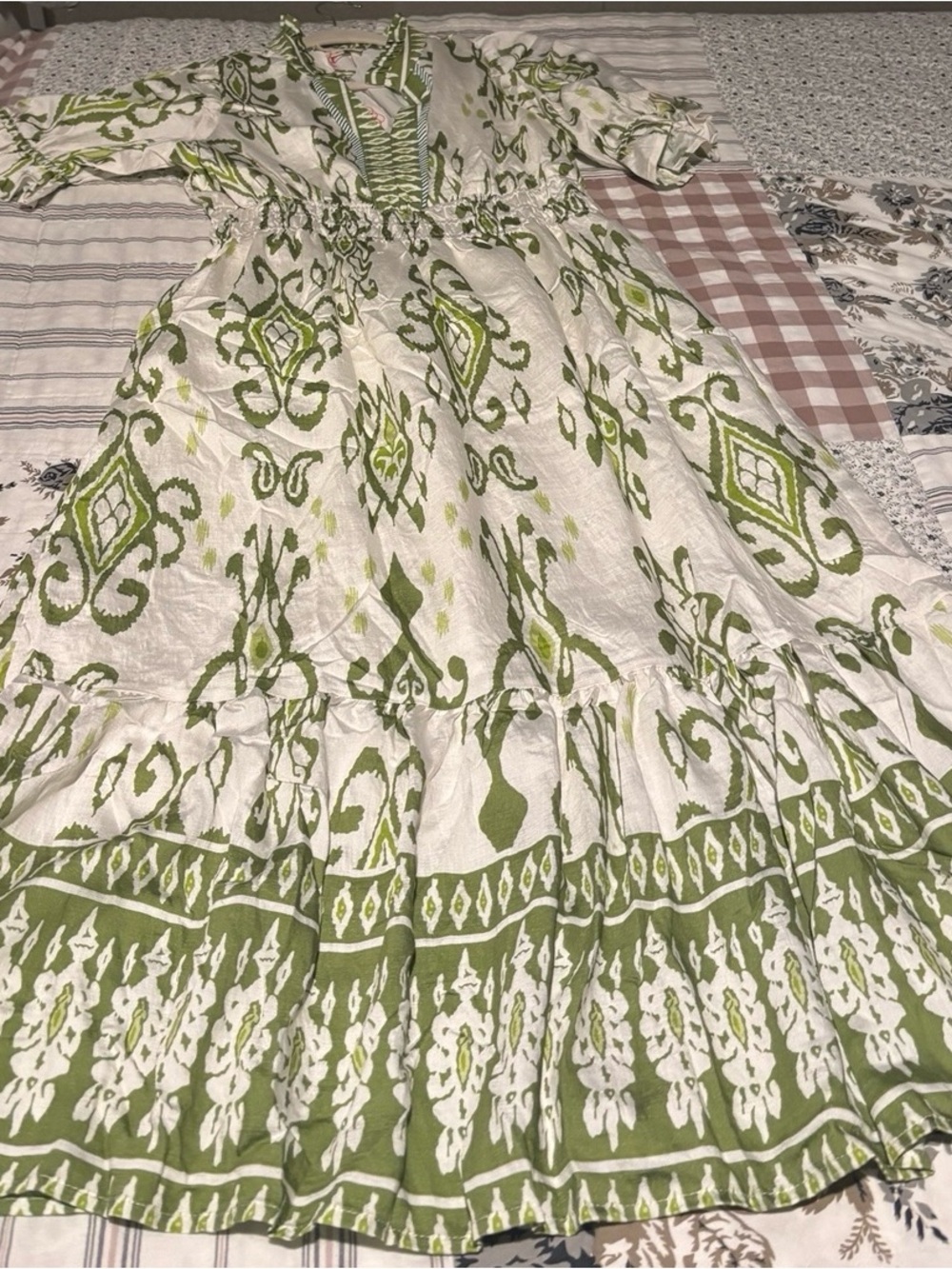 Umgee Green Cream Boho Modest Midi Dress Medium NWT Ruffle Tiered